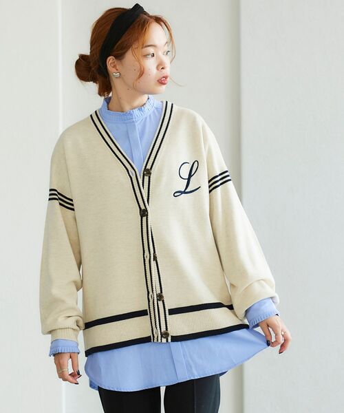 le.coeur blanc（ルクールブラン）の「配色ライン入りVネックカーディガン（カーディガン/ボレロ・レディース・アイボリー/カーキオリーブ・38）」の5枚目の写真