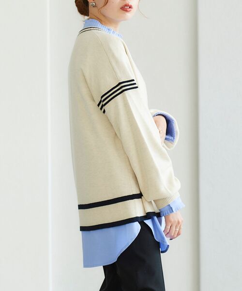 le.coeur blanc（ルクールブラン）の「配色ライン入りVネックカーディガン（カーディガン/ボレロ・レディース・アイボリー/カーキオリーブ・38）」の8枚目の写真