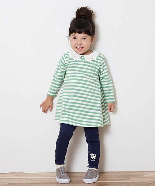 kladskap(クレードスコープ)の「ネコ衿ボーダーワンピース(ワンピース・キッズ・アイボリー/グリーン・90cm/100cm/110cm/80cm/120cm)」の1枚目の写真