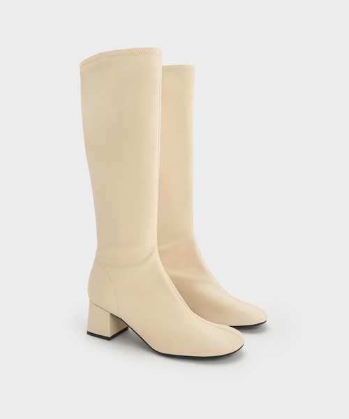 【新品】CHARLES&KEITH チャンキーヒールロングブーツ CHARLES ＆ KEITH ブーツ ブロックヒール ロングバイカーブーツ