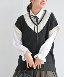 配色VネックBIGニットベスト