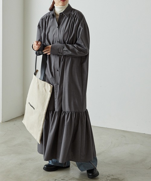 forksy.（フォルクシー）の「【forksy.】襟付き裾ティアード切り替えワンピース（シャツワンピース・レディース・ブラウン/チャコールグレー・FREE）」の4枚目の写真