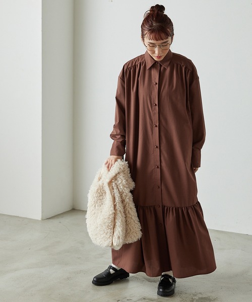 forksy.（フォルクシー）の「【forksy.】襟付き裾ティアード切り替えワンピース（シャツワンピース・レディース・ブラウン/チャコールグレー・FREE）」の16枚目の写真