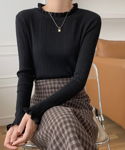 Chaco closet(チャコ クローゼット)の「ランダムリブフリルネックニットプルオーバー(ニット/セーター・レディース・ピンク/ホワイト/グレー/ブルー/ブラック・FREE)」の2枚目の写真