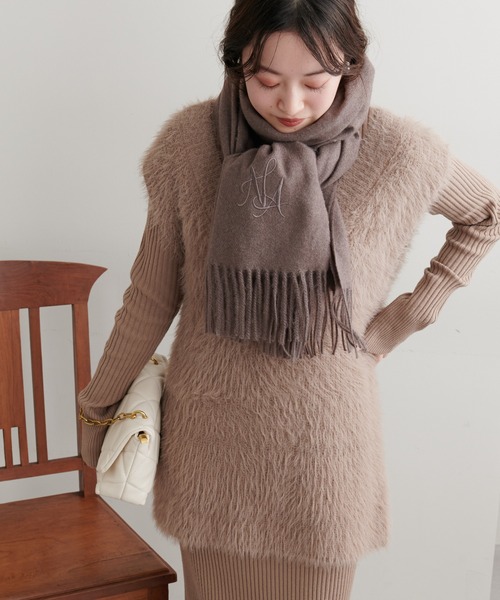 natural couture（ナチュラルクチュール）の「ロゴ刺繍入りストール（ストール/ショール・レディース・ブラック/オフホワイト/ピンク/モカ・FREE）」の9枚目の写真