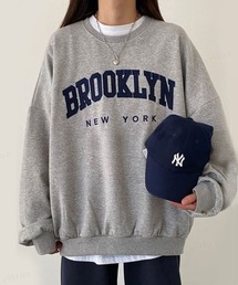 【裏起毛アリ】2022AW スウェット 秋冬 韓国スウェット BROOKLYNワッペンロゴスウェット オーバーサイズ ビックサイズ レディース