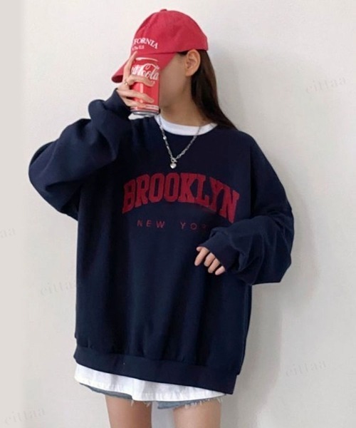 Dalfwin(ダールフィン)の「【裏起毛アリ】2022AW スウェット 秋冬 韓国スウェット BROOKLYNワッペンロゴスウェット オーバーサイズ ビックサイズ レディース(スウェット・レディース・オートミール/グレー/ネイビー・FREE)」の22枚目の写真