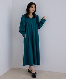 T/CブロードパフスリーブVネックワンピース