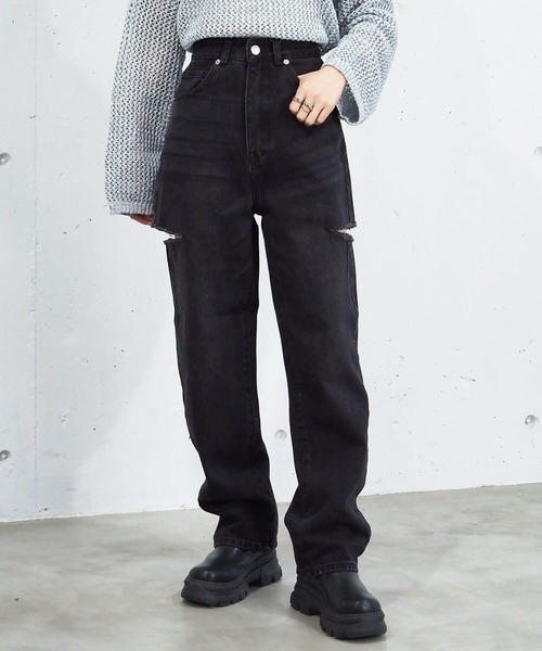 tiptop（ティップトップ）の「【2サイズ展開】サイドダメージデニムパンツ（デニムパンツ・レディース・ブラック/サックスブルー/ブルー・S/M）」の4枚目の写真