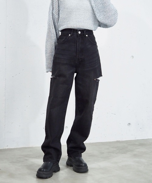 tiptop（ティップトップ）の「【2サイズ展開】サイドダメージデニムパンツ（デニムパンツ・レディース・ブラック/サックスブルー/ブルー・S/M）」の5枚目の写真