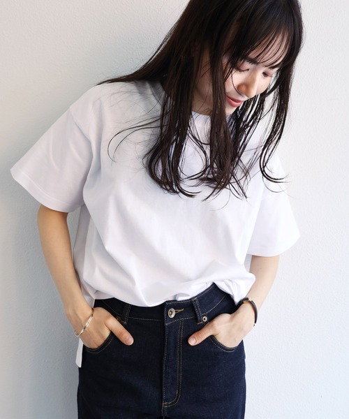andme(アンドミー)の「コットンクルーネック半袖Tシャツ(Tシャツ/カットソー・レディース・オフホワイト/チャコールグレー/ブラック/ベージュ/オートミール/ブルー系その他・S/M)」の11枚目の写真