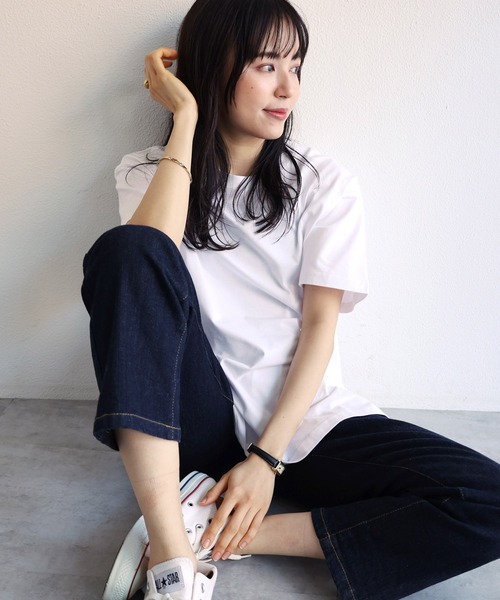andme(アンドミー)の「コットンクルーネック半袖Tシャツ(Tシャツ/カットソー・レディース・オフホワイト/チャコールグレー/ブラック/ベージュ/オートミール/ブルー系その他・S/M)」の7枚目の写真