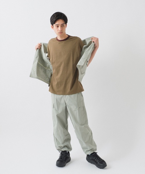 【関税込み】nanamica イエロー マイクロボーダー Tシャツ M2194 ボーダーコンビロングTシャツ(M イエロー): トップス