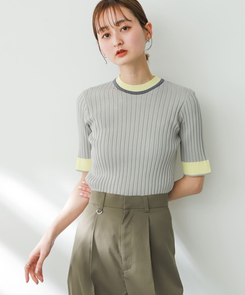 SENSE OF PLACE by URBAN RESEARCH（センスオブプレイスバイアーバンリサーチ）の「バイカラーコンパクトセーター(5分袖)（ニット/セーター・レディース・ブラック/アイボリー/オリーブ/ライトブルー/ライトグレー/オフホワイト・ONE）」の13枚目の写真