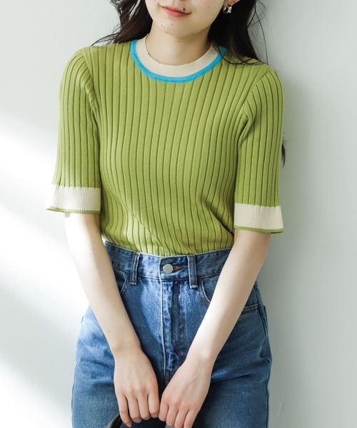 SENSE OF PLACE by URBAN RESEARCH（センスオブプレイスバイアーバンリサーチ）の「バイカラーコンパクトセーター(5分袖)（ニット/セーター・レディース・ブラック/アイボリー/オリーブ/ライトブルー/ライトグレー/オフホワイト・ONE）」の16枚目の写真