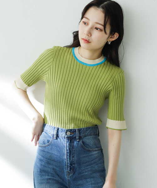 SENSE OF PLACE by URBAN RESEARCH（センスオブプレイスバイアーバンリサーチ）の「バイカラーコンパクトセーター(5分袖)（ニット/セーター・レディース・ブラック/アイボリー/オリーブ/ライトブルー/ライトグレー/オフホワイト・ONE）」の17枚目の写真