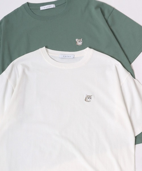 Lazar(ラザル)の「Lazar 別注 Animal One Point Embroidery Tee/オーバーサイズ ワンポイント刺繍 半袖Tシャツ/リンガーT/虎・トラ/犬・イヌ/猫・ネコ/狼・オオカミ/レディース メンズ(Tシャツ/カットソー・メンズ・ネイビー/ホワイト/ホワイト系その他/ホワイト系その他3/グリーン/ブラック/ホワイト系その他5/ホワイト系その他6/ホワイト系その他7/ホワイト系その他2/ブラック系その他/ホワイト系その他4・M/L/LL)」の6枚目の写真