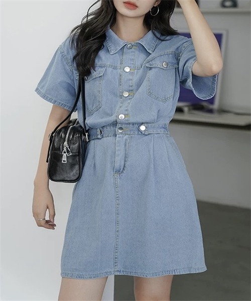 【MIUMIU】ブルーデニムミニワンピース Blue/white Knit And Poplin Mini-dress | Miu Miu