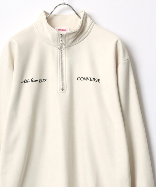 CONVERSE（コンバース）の「CONVERSE/コンバース スウェード ワンポイントロゴ刺繍 ハーフジップ プルオーバースウェットトレーナー トップス レディース メンズ（スウェット・メンズ・ベージュ/チャコール/ブラウン/ホワイト/サックスブルー/グレー・M/L/LL）」の2枚目の写真