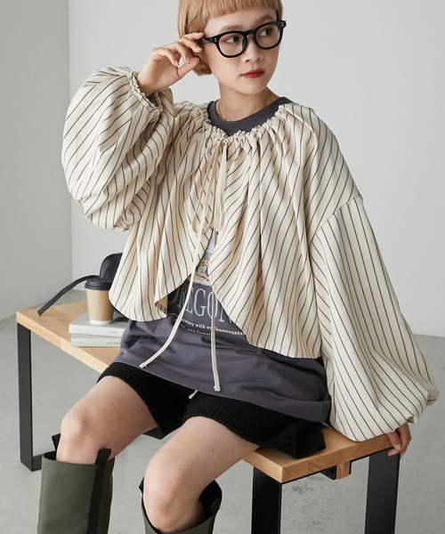 ブラウス シャツ ピーチストライプ前後2WAYボレロブラウス レディース forksy.】ピーチストライプ前後2wayボレロブラウス forksy