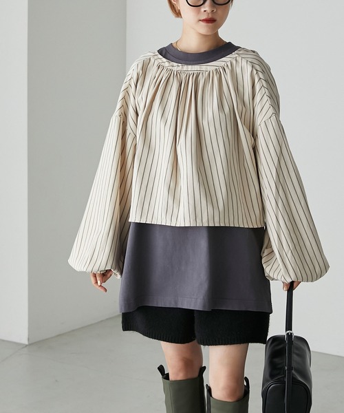ブラウス シャツ ピーチストライプ前後2WAYボレロブラウス レディース forksy.】ピーチストライプ前後2wayボレロブラウス forksy