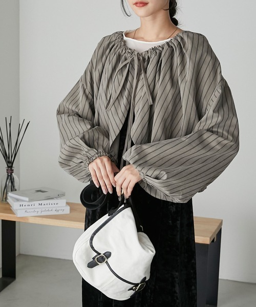 ブラウス シャツ ピーチストライプ前後2WAYボレロブラウス レディース forksy.】ピーチストライプ前後2wayボレロブラウス forksy