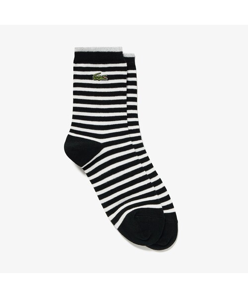 LACOSTE（ラコステ）の「コットンブレンドボーダーニットショートソックス（ソックス/靴下・レディース・グレー/ブラック×ホワイト/ホワイト×グリーン・24.0cm）」の3枚目の写真