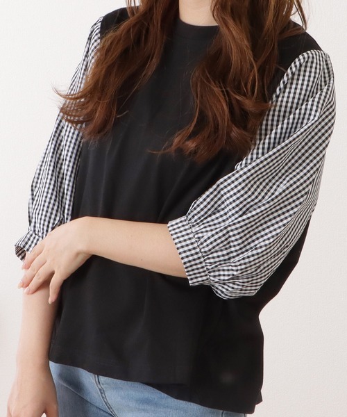 Lace Ladies(レースレディース)の「5分袖フェイクレイヤードドッキングブラウス(シャツ/ブラウス・レディース・ブラック×ホワイト/チェック/ネイビー×ホワイト/グレー・XL/M)」の4枚目の写真