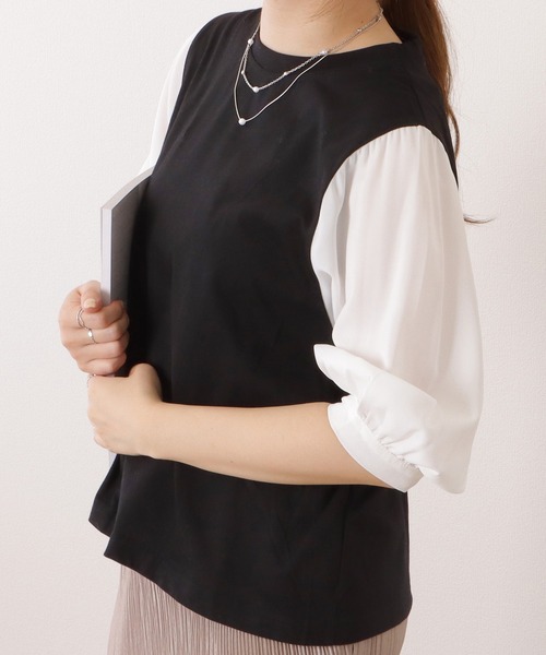 Lace Ladies(レースレディース)の「5分袖フェイクレイヤードドッキングブラウス(シャツ/ブラウス・レディース・ブラック×ホワイト/チェック/ネイビー×ホワイト/グレー・XL/M)」の7枚目の写真