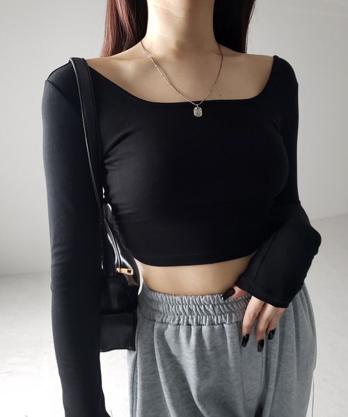 me+em select(ミームセレクト)の「【 カップ付き 】ショート丈スクエアネックタイトカットソートップス(Tシャツ/カットソー・レディース・グレー/ブラック/ホワイト・FREE)」の18枚目の写真