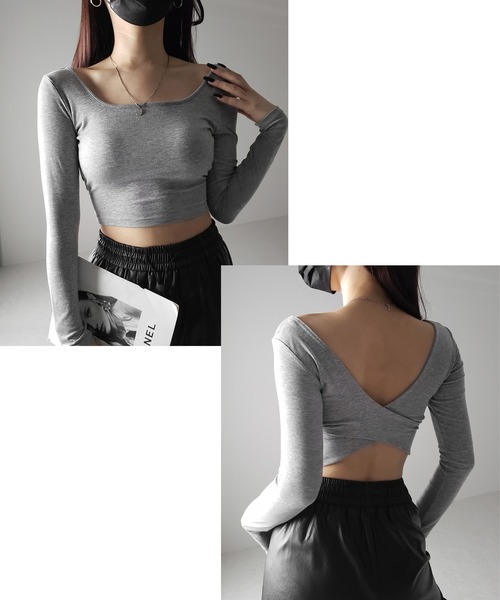 me+em select(ミームセレクト)の「【 カップ付き 】ショート丈スクエアネックタイトカットソートップス(Tシャツ/カットソー・レディース・グレー/ブラック/ホワイト・FREE)」の4枚目の写真