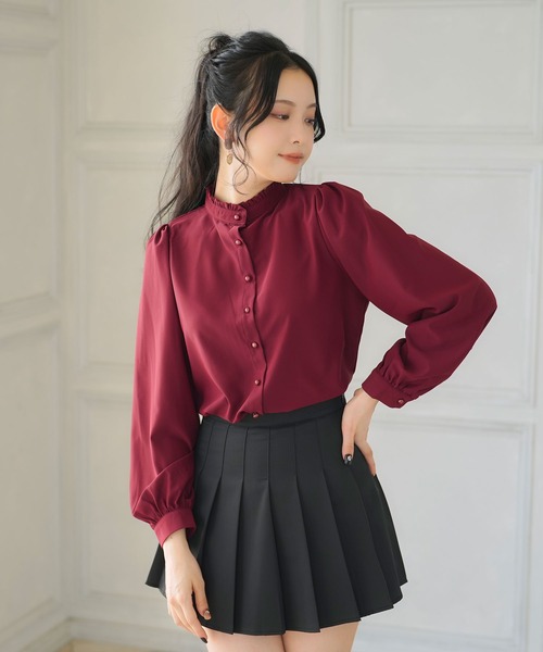 Newlyme(ニューリーミー)の「フリルスタンドカラーブラウス(シャツ/ブラウス・レディース・ブラック/グレイッシュブルー/パープル/ブルー/ホワイト/グリーン/チェリーピンク/ワイン・XX-LARGE/MEDIUM/LARGE/X-LARGE/SMALL)」の8枚目の写真