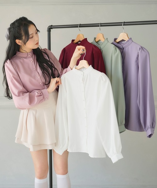 Newlyme(ニューリーミー)の「フリルスタンドカラーブラウス(シャツ/ブラウス・レディース・ブラック/グレイッシュブルー/パープル/ブルー/ホワイト/グリーン/チェリーピンク/ワイン・XX-LARGE/MEDIUM/LARGE/X-LARGE/SMALL)」の12枚目の写真