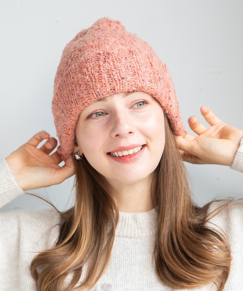 14+（イチヨンプラス）の「ブークレリブ編みニット（ニットキャップ/ビーニー・レディース・ブラック/ベージュ/イエロー/グレー/レッド/サーモンピンク/グレー系2/パープル・FREE/KIDS FREE）」の7枚目の写真