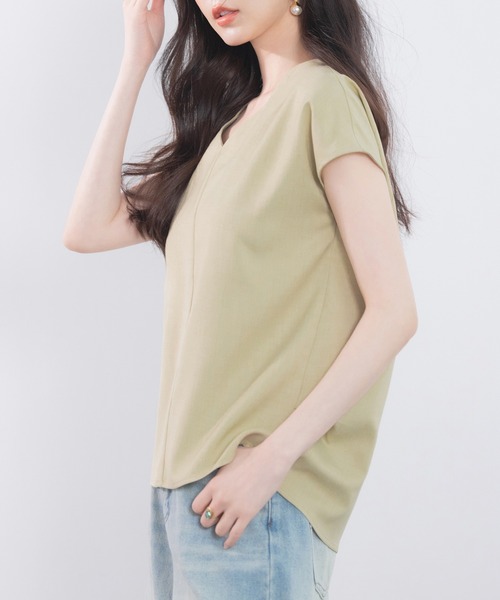 スタンドカラーVネックフレンチスリーブブラウス（シャツ/ブラウス