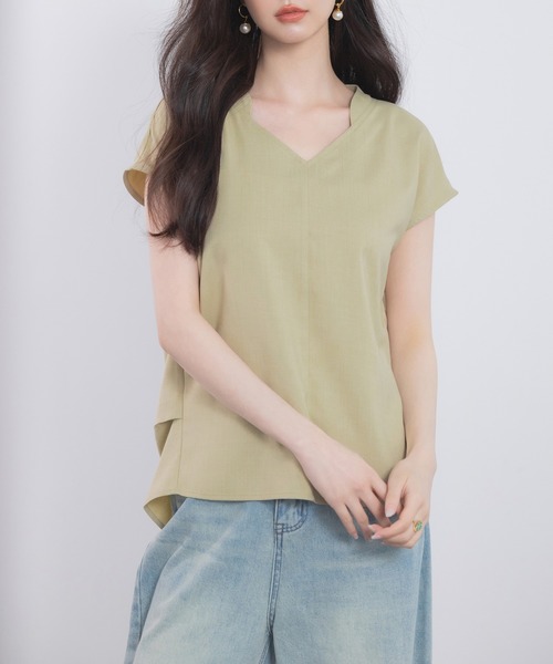 スタンドカラーVネックフレンチスリーブブラウス（シャツ/ブラウス