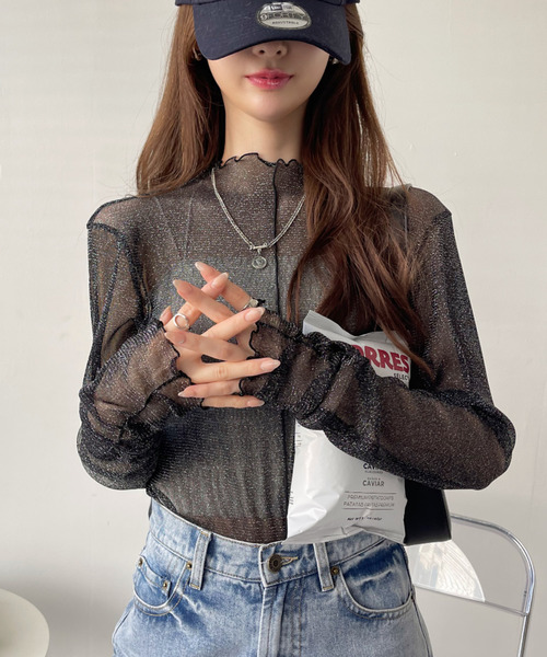 Ada.(エイダ)の「ラメチュール 袖口シャーリング シアー ハイネック トップス(Tシャツ/カットソー・レディース・ブルー系その他/ピンク/ブラック/グレイッシュベージュ・FREE)」の7枚目の写真