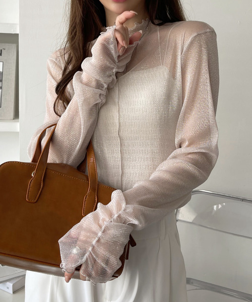 Ada.(エイダ)の「ラメチュール 袖口シャーリング シアー ハイネック トップス(Tシャツ/カットソー・レディース・ブルー系その他/ピンク/ブラック/グレイッシュベージュ・FREE)」の8枚目の写真