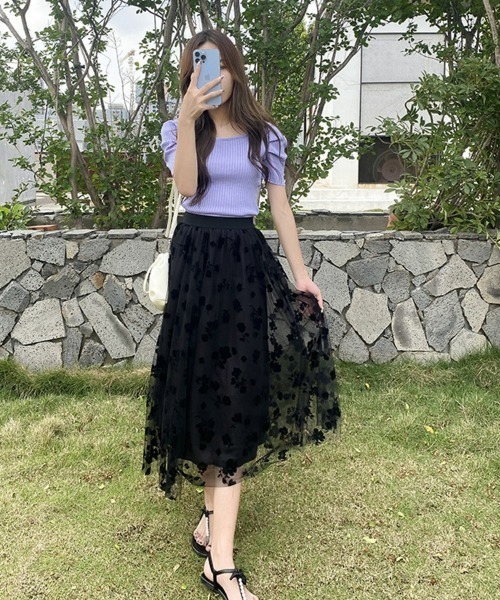 SEU(エスイーユー)の「フロッキー加工花柄Aラインシフォンスカート ハイウエスト オールシーズン(スカート・レディース・ベージュ/ブラウン/ブラック・フリー)」の9枚目の写真