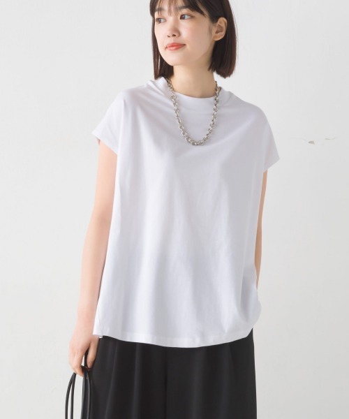 OMNES（オムネス）の「コットンベア天竺ボトルネックAラインプルオーバー（Tシャツ/カットソー・レディース・ブラック/ホワイト/ライトグレー/グリーン/キャメル/桜・MEDIUM/LARGE）」の2枚目の写真