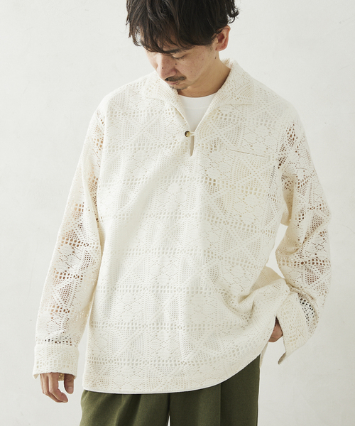 JOURNAL STANDARD relume（ジャーナルスタンダード　レリューム）の「スキッパーレース ループシャツ（シャツ/ブラウス・メンズ・ブラック/ホワイト・MEDIUM/LARGE）」の2枚目の写真