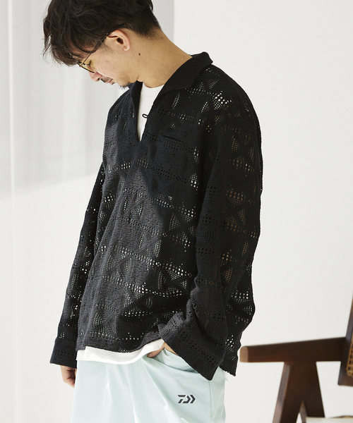JOURNAL STANDARD relume（ジャーナルスタンダード　レリューム）の「スキッパーレース ループシャツ（シャツ/ブラウス・メンズ・ブラック/ホワイト・MEDIUM/LARGE）」の7枚目の写真