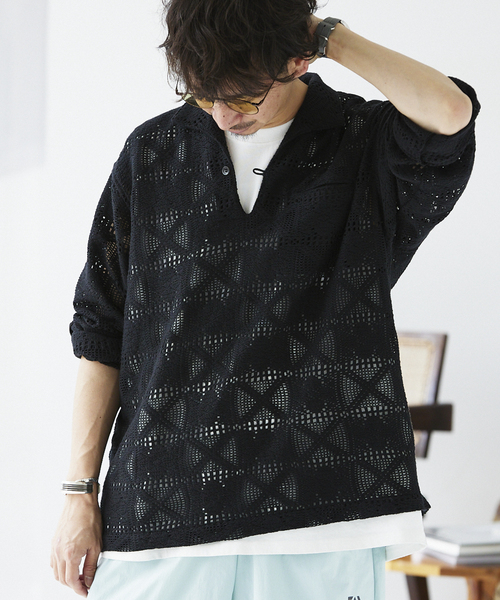 JOURNAL STANDARD relume（ジャーナルスタンダード　レリューム）の「スキッパーレース ループシャツ（シャツ/ブラウス・メンズ・ブラック/ホワイト・MEDIUM/LARGE）」の8枚目の写真