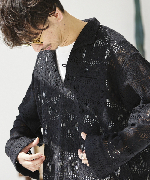 JOURNAL STANDARD relume（ジャーナルスタンダード　レリューム）の「スキッパーレース ループシャツ（シャツ/ブラウス・メンズ・ブラック/ホワイト・MEDIUM/LARGE）」の9枚目の写真