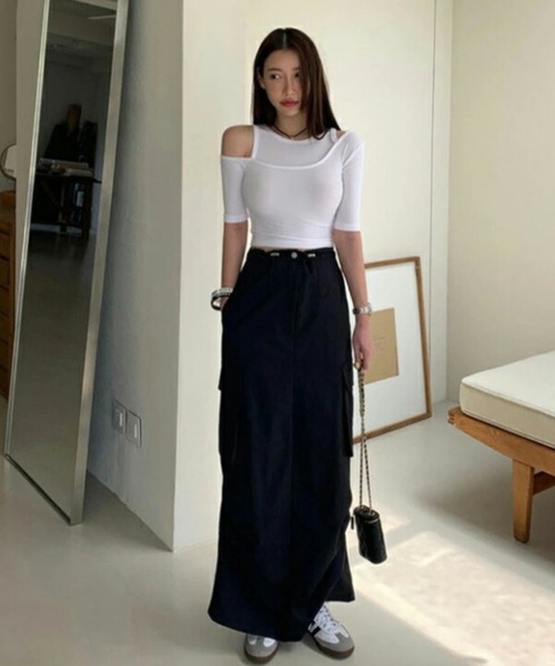 AMELY(エミリー)の「ドロストカーゴロング丈スカート(スカート・レディース・グレー系その他/ブラック/ホワイト・フリー/M/L)」の5枚目の写真