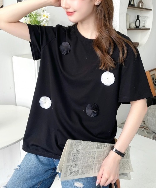 LOULOU select(ルルセレクト)の「フラワーモチーフラインストーンTシャツ(Tシャツ/カットソー・レディース・オフホワイト/ブラック・M)」の20枚目の写真