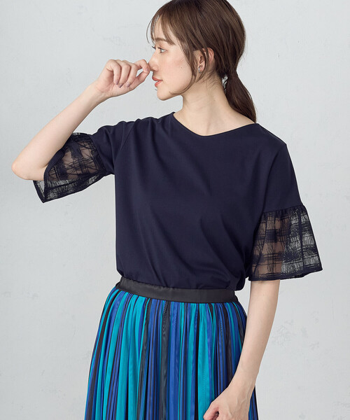 COMME CA ISM(コムサイズム)の「速乾 袖レース 半袖カットソー(Tシャツ/カットソー・レディース・ホワイト/ネイビー・MEDIUM/LARGE)」の3枚目の写真