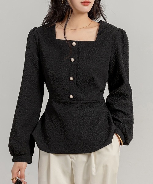 DAY CLOSET(デイ クローゼット)の「レディース 長袖ふくれジャガードウエスト切替ペプラムブラウス(シャツ/ブラウス・レディース・ブラック/ホワイト/ベージュ・S/M/L)」の3枚目の写真