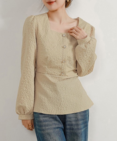 DAY CLOSET(デイ クローゼット)の「レディース 長袖ふくれジャガードウエスト切替ペプラムブラウス(シャツ/ブラウス・レディース・ブラック/ホワイト/ベージュ・S/M/L)」の15枚目の写真
