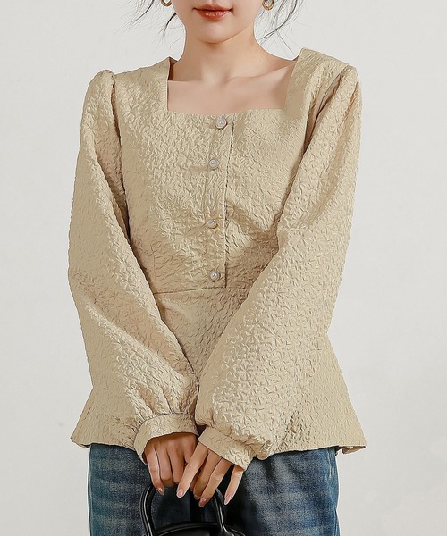 DAY CLOSET(デイ クローゼット)の「レディース 長袖ふくれジャガードウエスト切替ペプラムブラウス(シャツ/ブラウス・レディース・ブラック/ホワイト/ベージュ・S/M/L)」の8枚目の写真